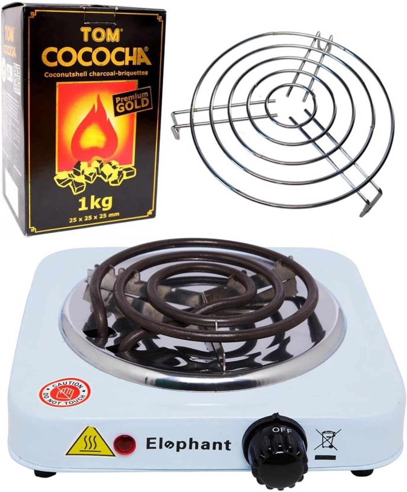 Elephant Electric Coal Lighter with Charcoal Grill with 1kg Tom Cococha Gold Natural Charcoal