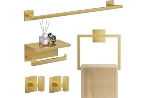 TQKAG 5-Pieces Brushed Gold Bathroom Hardware Accessories Set 23.6" SUS304 Stainless Steel Towel Bar Set Wall Mounted Square Toilet Paper Holder with Shelf