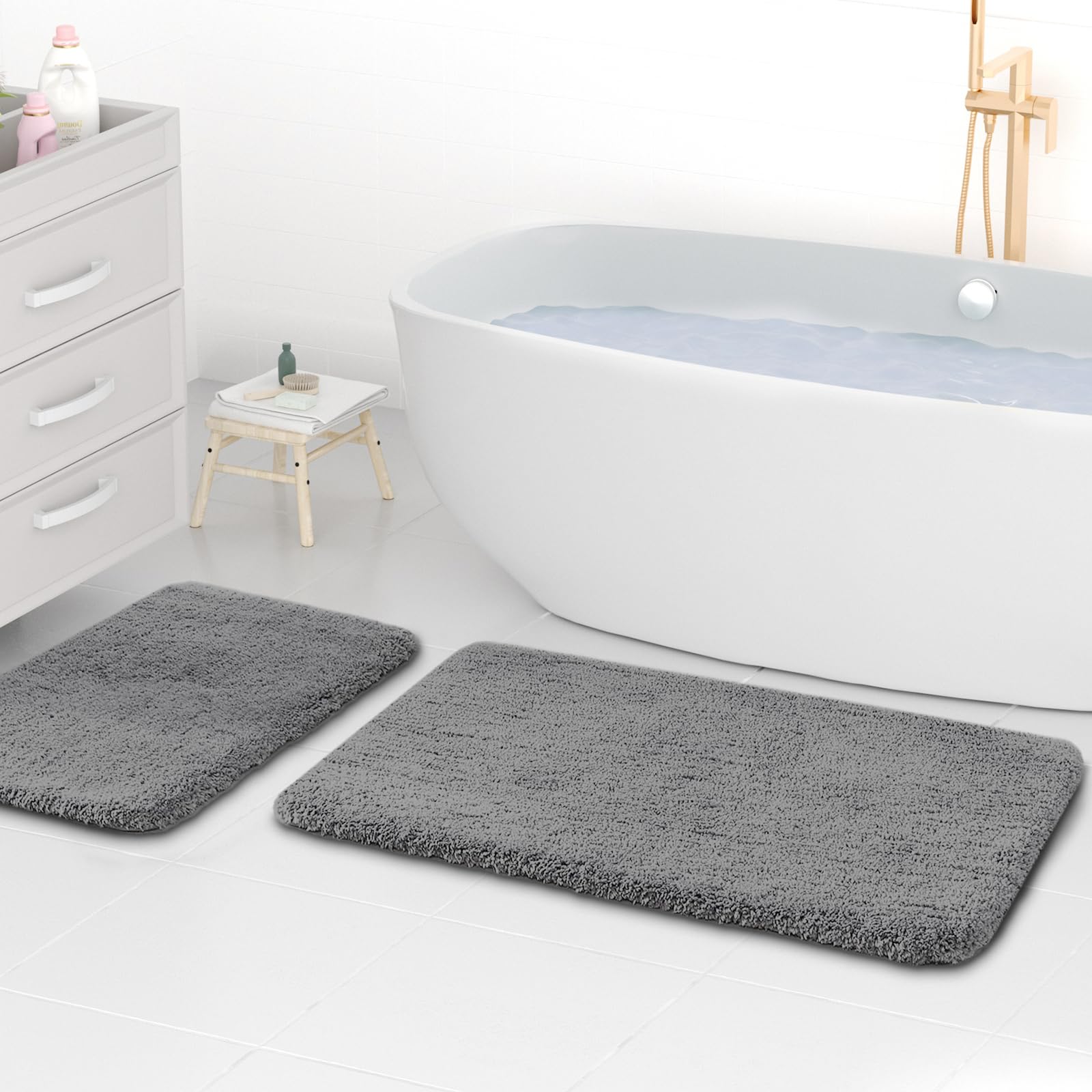 wyewye Microfibre Bath Mats, 2cm Super Thick Bath Rugs, Super Absorbent Bathroom Rugs 50x80cm and 40x60cm, Grey