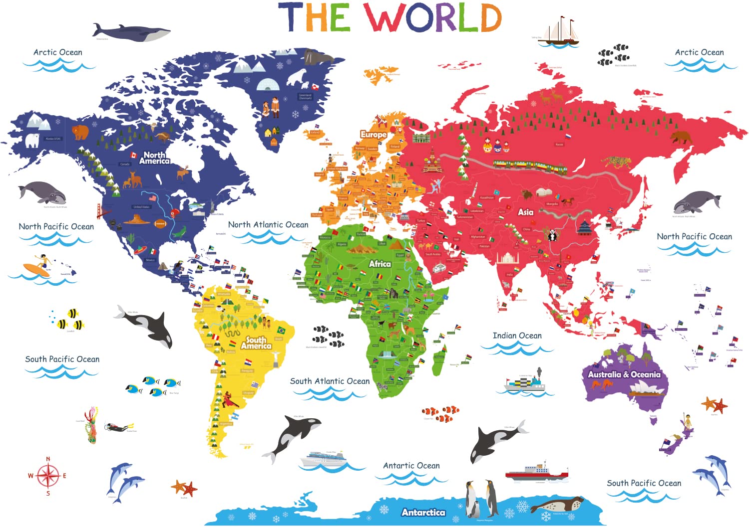 DECOWALL DAT-1306N Colourful World Map (Large) Kids Wall Stickers Decals Peel and Stick Removable for Nursery Bedroom Living Room Art murals Decorations