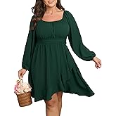 SCOMCHIC Women Plus Size Fall Dresses Long Sleeve Square Neck Ruffle Hem Flowy A-Line Cocktail Wedding Guest Mini Short Dress