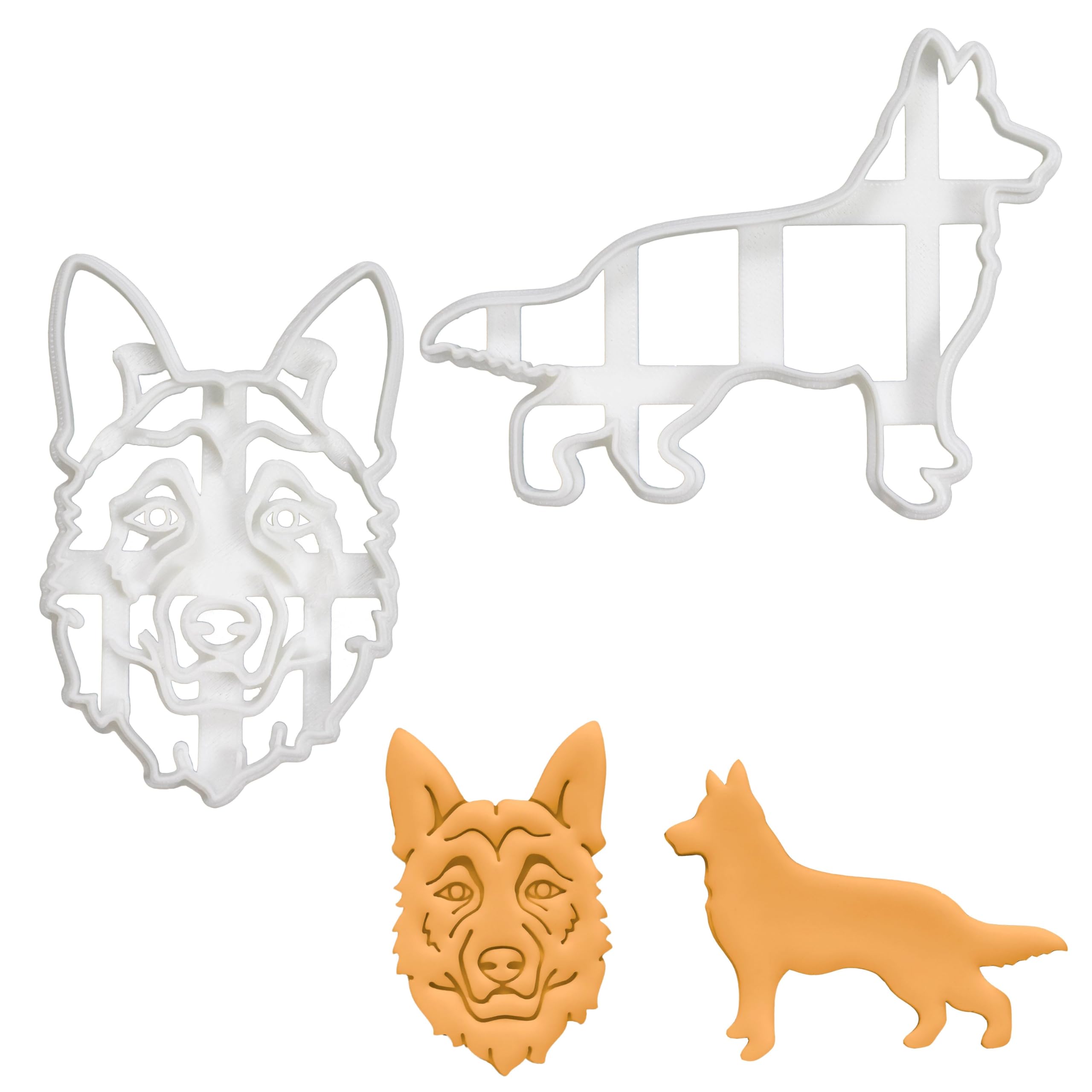 BAKERLOGY Set of 2 German Shepherd Cookie Cutters (Designs: Face & Body) - Detailed Biscuit Cutter Design for Baking and Crafts, Ideal on Fondant, Dough, Clay