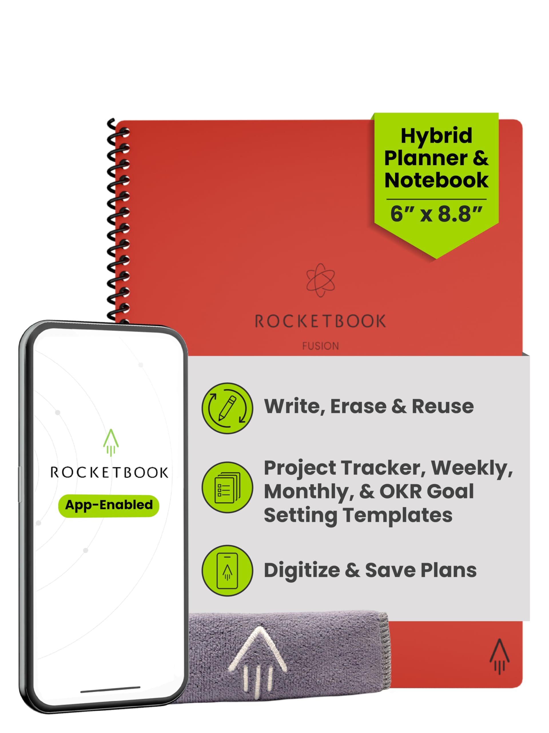 Rocketbook Fusion Planificador de productividad reutilizable sin fecha, tamaño ejecutivo 6 x 8,8, rojo - Objetivos, calendario mensual y semanal, lista de tareas diarias, páginas de notas rayadas y punteadas