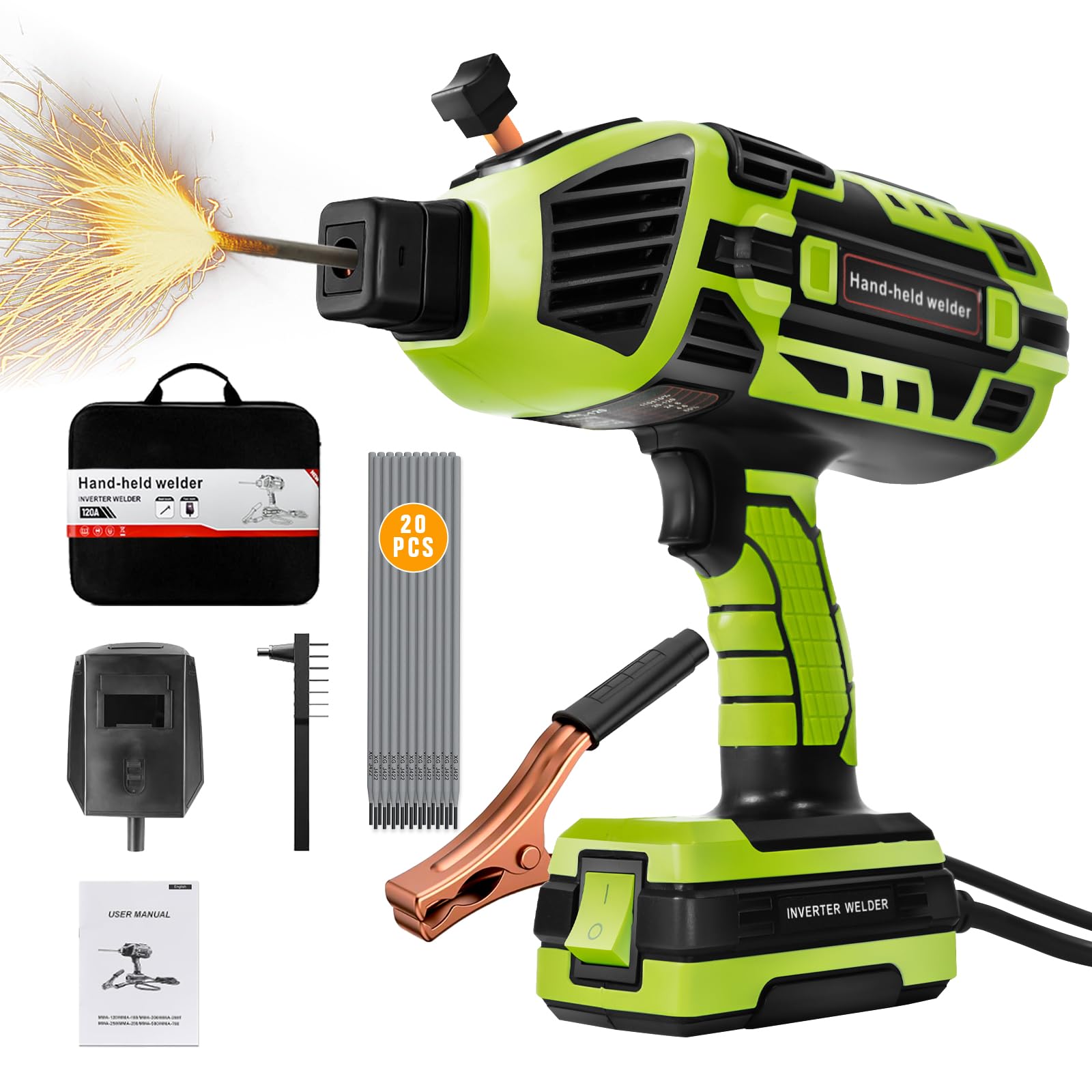 Photo 1 of TRQWH Portable Welding Machine 110V ARC Handheld Welder IGBT Inverter Welding Gun Stick Welder 5 Variable Current Adjustment Hand Held Welder Machine, Fit for 1/16"-1/8" Welding Rods (Green)