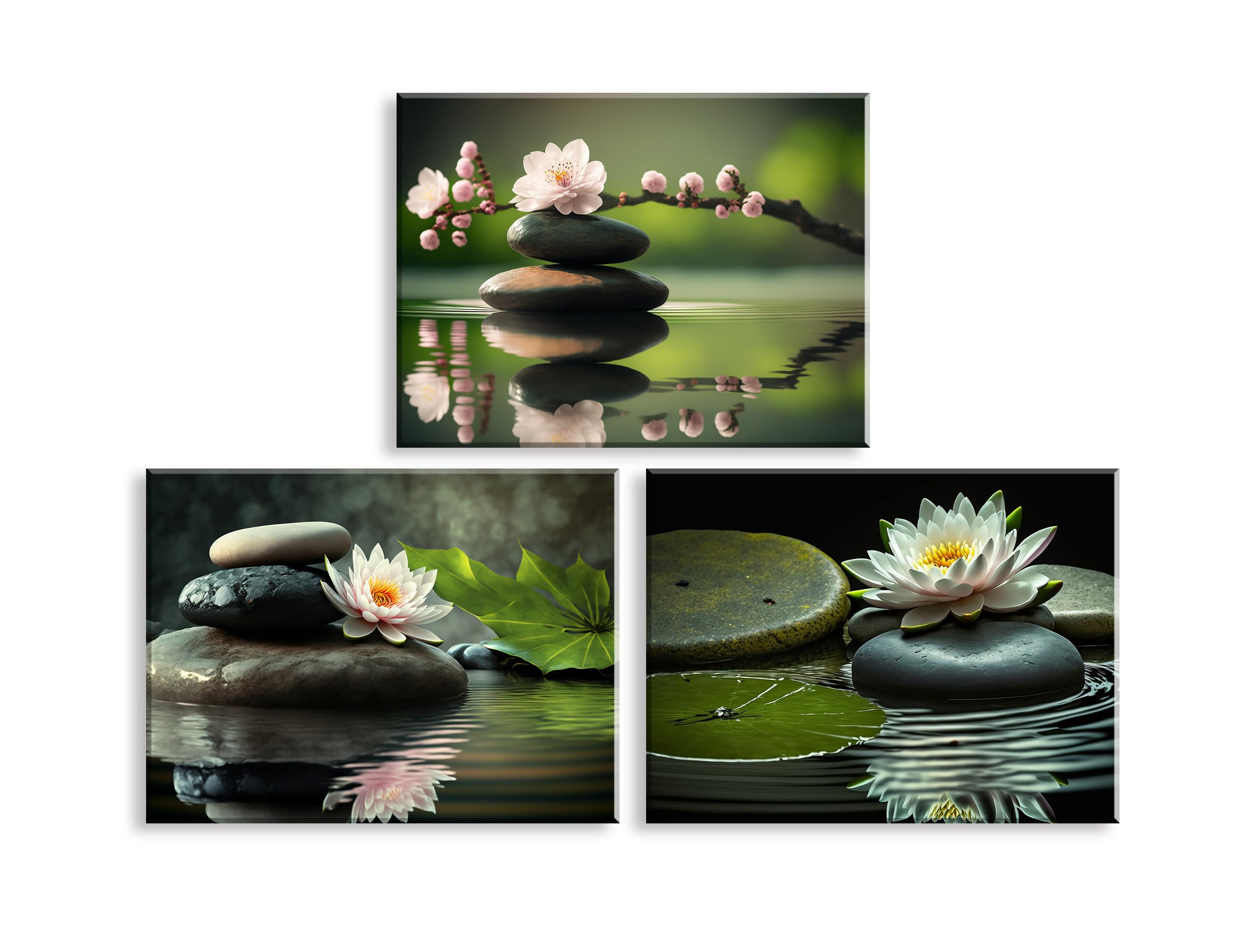 PIY PAINTING Canvas Prints Wall Art, Peach Blossom and Water Lily, Modern Poster Prints Artwork for Home Decor, Elegant Flowers Canvas Wall Decoration Framed for Yoga room Bathroom Gift 16x12in 3panel