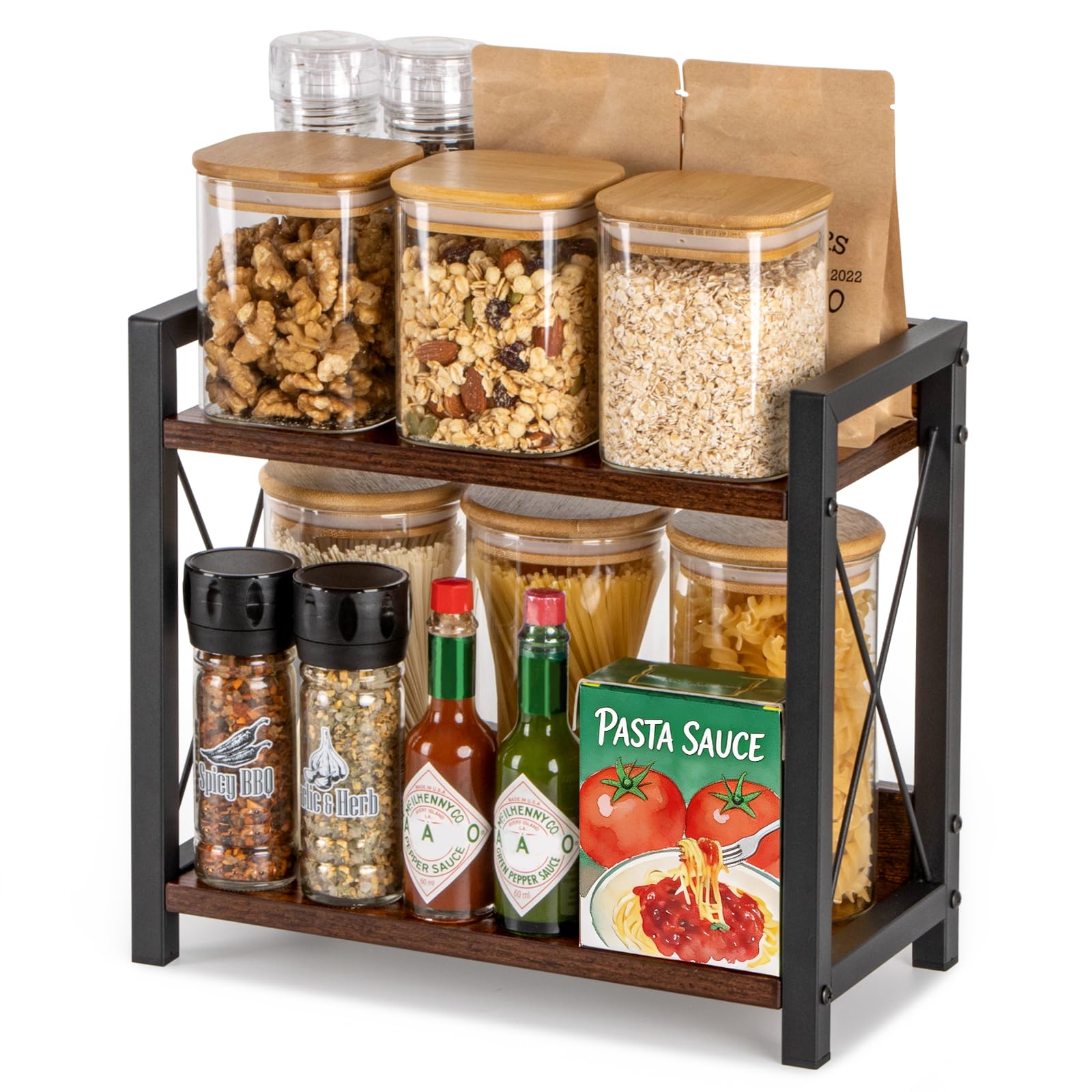 ANBOXIT Coffee Station Organizer, Wooden Kitchen Countertop Organizer, 2 Tier Small Spice Rack, Hot Chocolate Station Stand, Coffee Storage Shelf for Kitchen, Office, Home - Brown