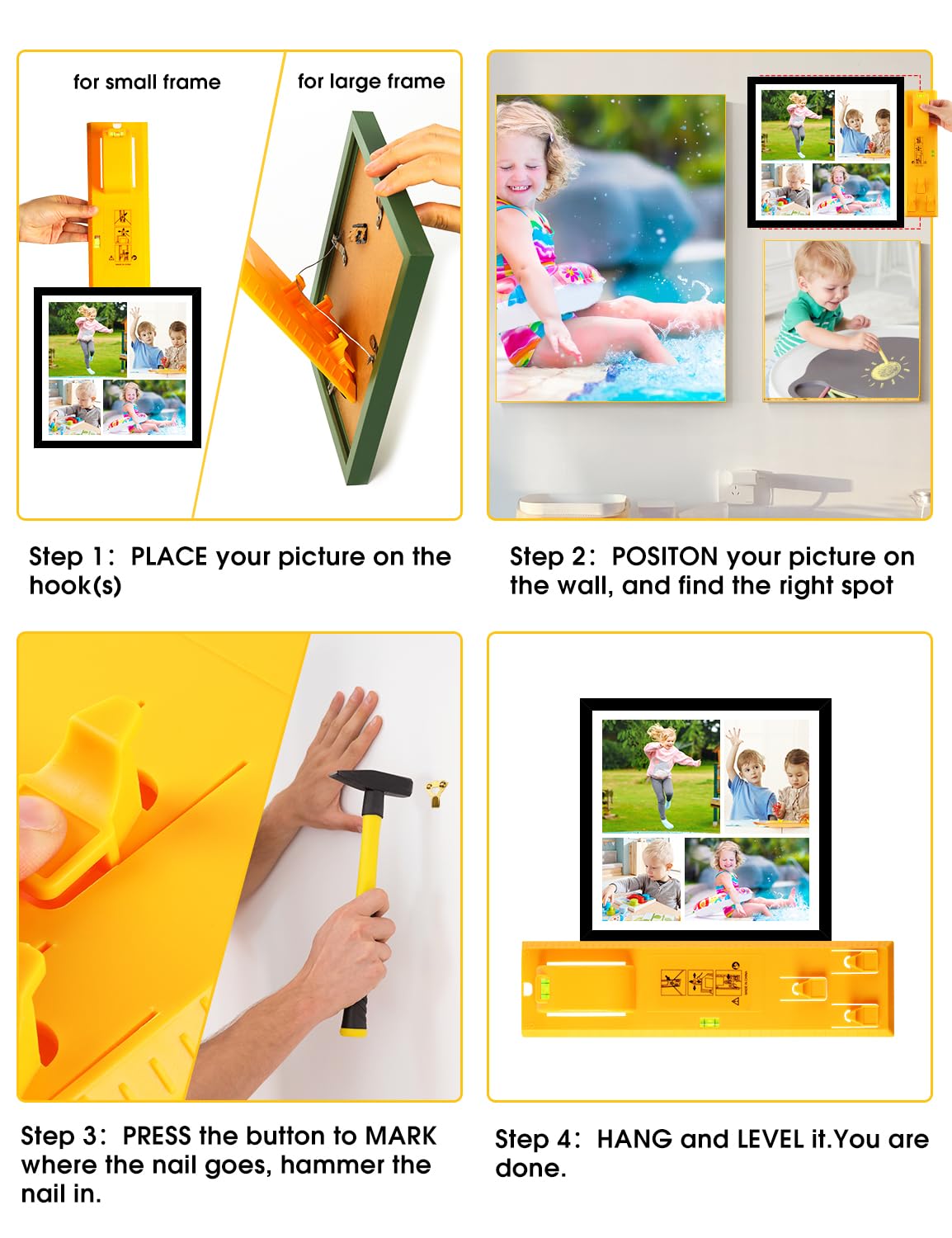 Stalishare Picture Hanging Tool with Level, Goodsnova Photo Frame Hanging Tool for Easy Marking Position, Wall Hanger Helper Guide for Photo/ Art/ Painting Frame (Plastic, Yellow)