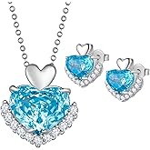 Ydou Love Heart Necklaces and Earrings with Rose Cut Birthstone Silver Plated Elegant Jewelry Set for Women CS0002