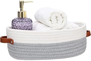 HLWDFLZ Bathroom Countertop Organizer Basket, Cotton Rope Woven Storage Basket Toilet Paper Decorative Basket for Bathroom, Bedroom, Living Room, Entryway 13"x6.3"x4.3" (Off White/Gray)