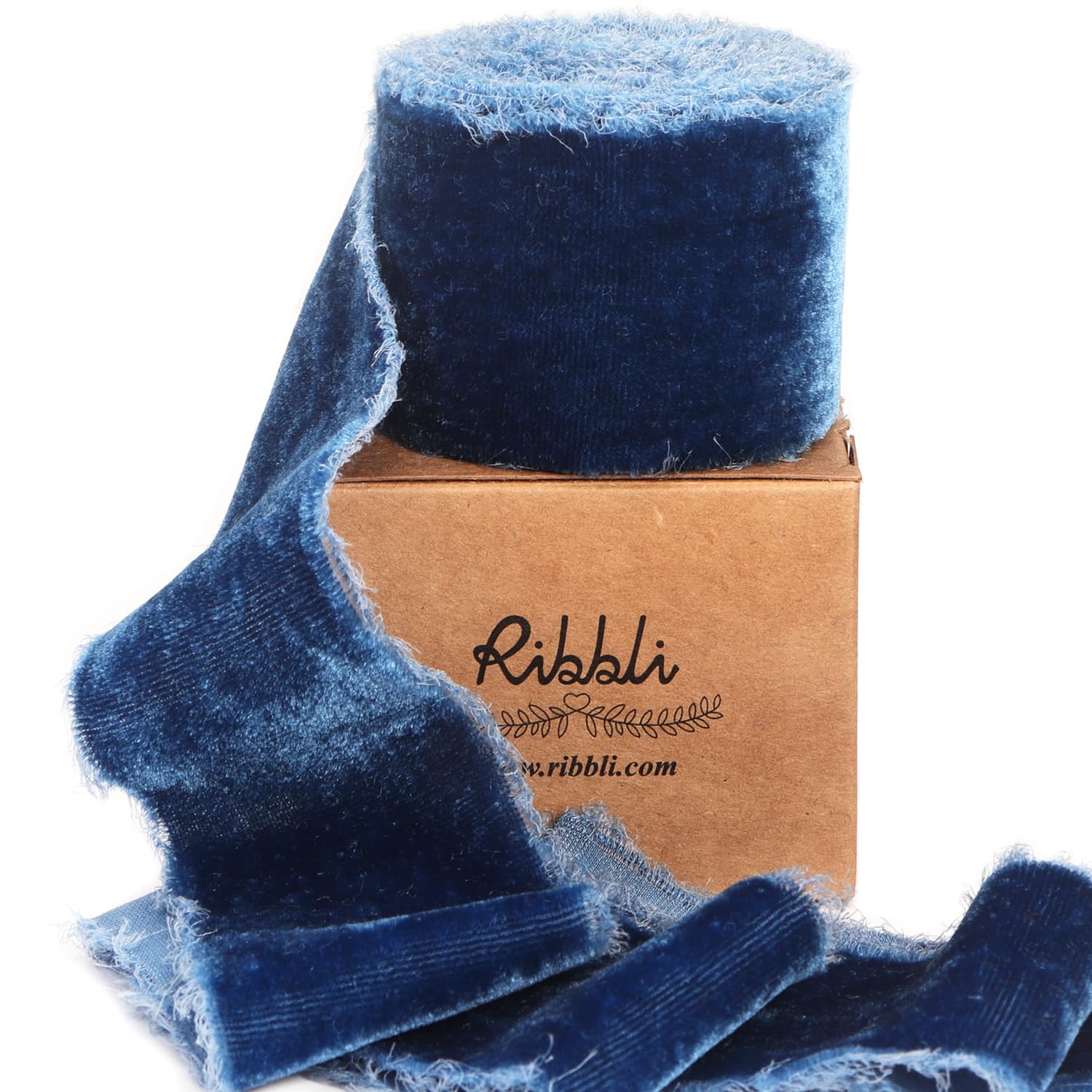 Photo 1 of Ribbli Ocean Blue Velvet Ribbon 2 Inch Handmade Frayed Vintage Christmas Ribbon for Gift Wrapping Christmas Tree Ornament Wreath Craft Home Decor -3 Yards