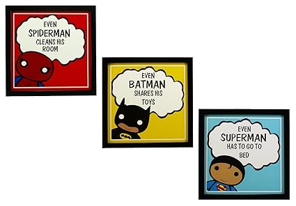 Indianara Spiderman Batman Superman Square Synthetic Wood Art Painting (23 cm x 23 cm x 4.5 cm, Set of 3)