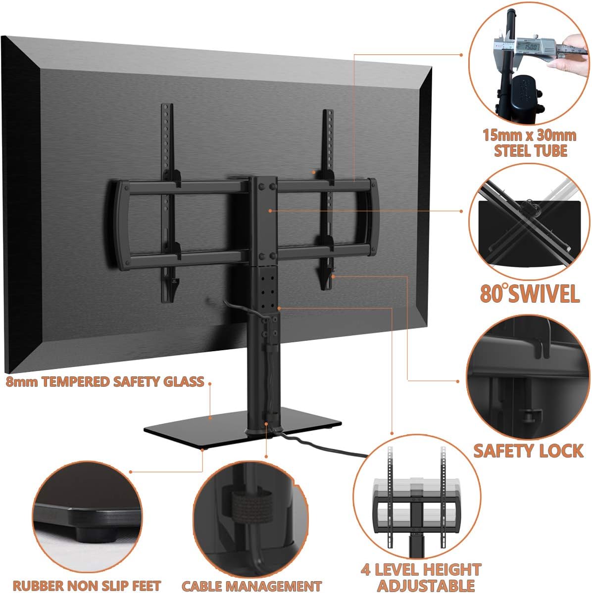 Universal Swivel TV Stand/Base Table Top TV Stand 32 to 70 inch TVs 80 Degree Swivel, 4 Level Height Adjustable - Image 4