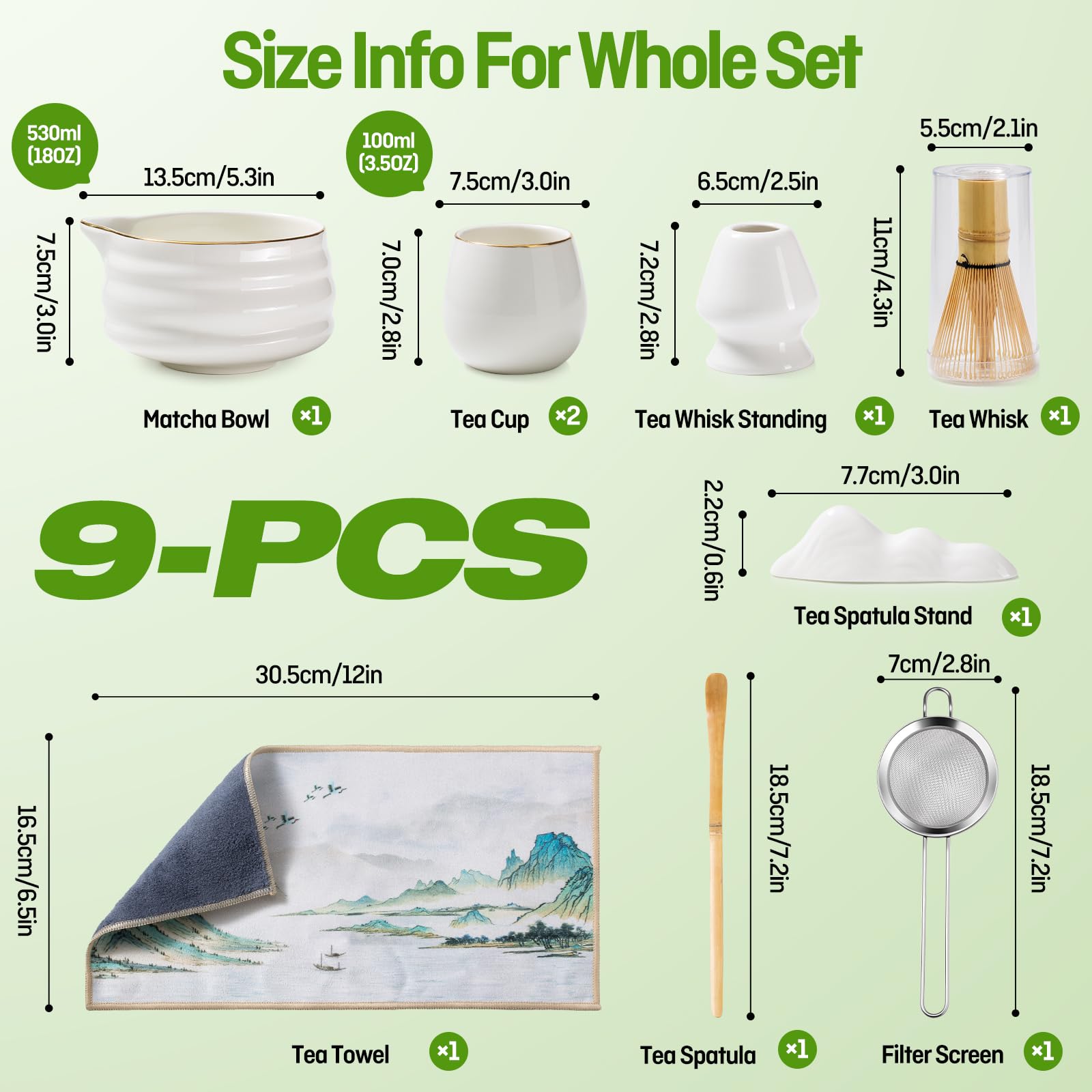 Matcha set - 9 Stück Japanisches Tee-set Inkl Chawan mit Ausgießer, 2 tazze, Schaufel, Halter, Sieb, Matchabesen das perfekte Geschenk für Japanische Teezeremonie-Liebhaber