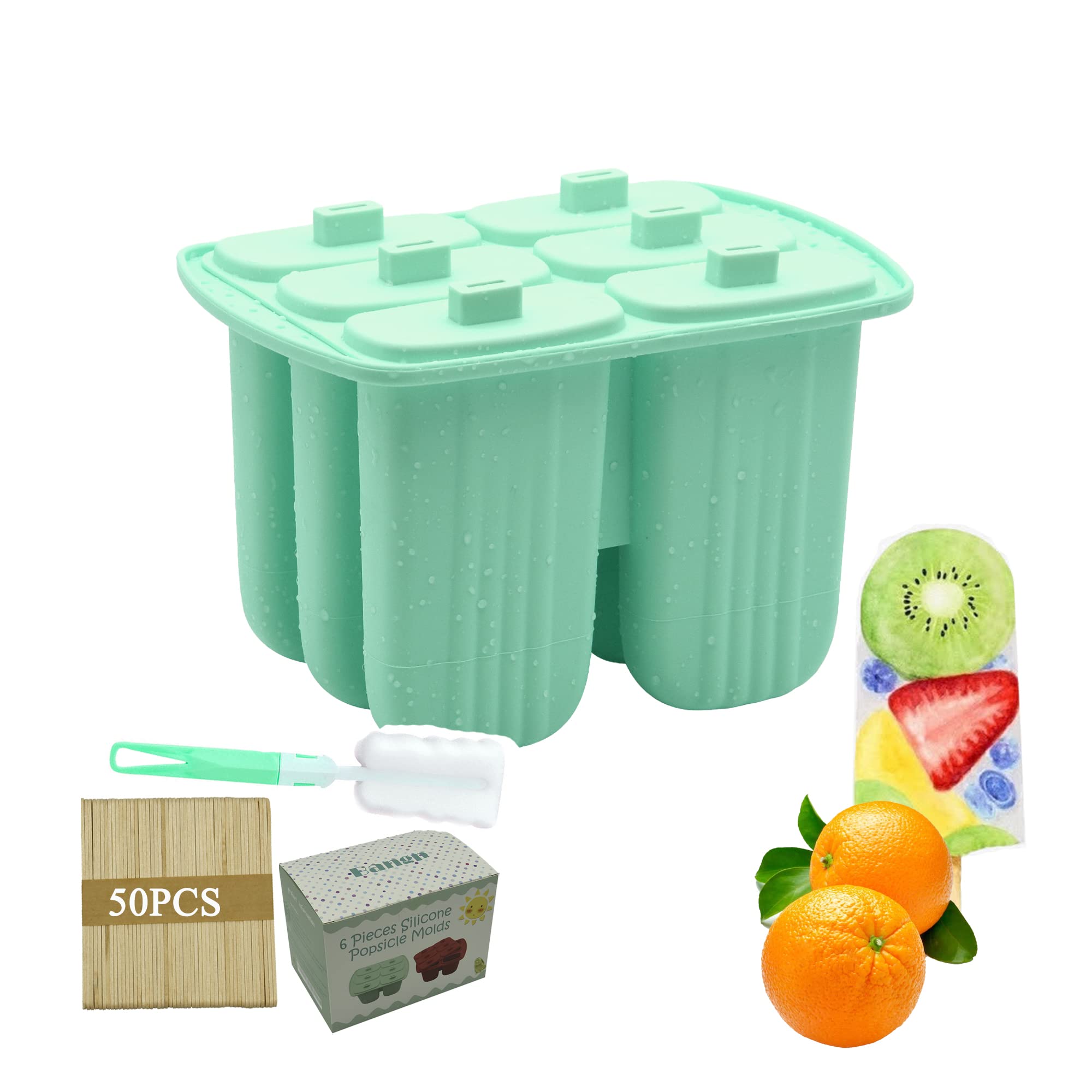Large Ice Lolly Moulds with Sticks, 6 Pieces Silicone Popsicle Molds, Homemade DIY Ice Pop Maker Reusable Easy Remove Lolly Moulds for Frozen Popsicle(Green)