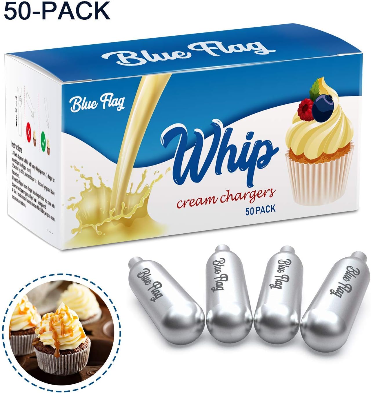 Blue Flag Whipped Cream Chargers N2O Nitrous Oxide 8-Gram Cartridge for Whipper Whipped Cream Dispenser (50 Pack)