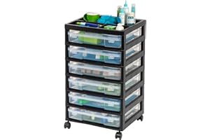 IRIS USA Fits 12" x 12" Paper, 6-Tier Scrapbook Rolling Storage Cart with Organizer for Stationery Vinyl Tools Office Art and Craft Supplies, Yarn, 6 Clear Cases w/Built in Handle - Black/Clear