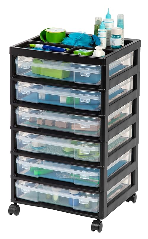 IRIS USA Fits 12" x 12" Paper, 6-Tier Scrapbook Rolling Storage Cart with Organizer for Stationery Vinyl Tools Office Art and Craft Supplies, Yarn, 6 Clear Cases w/ Built in Handle - Black/Clear