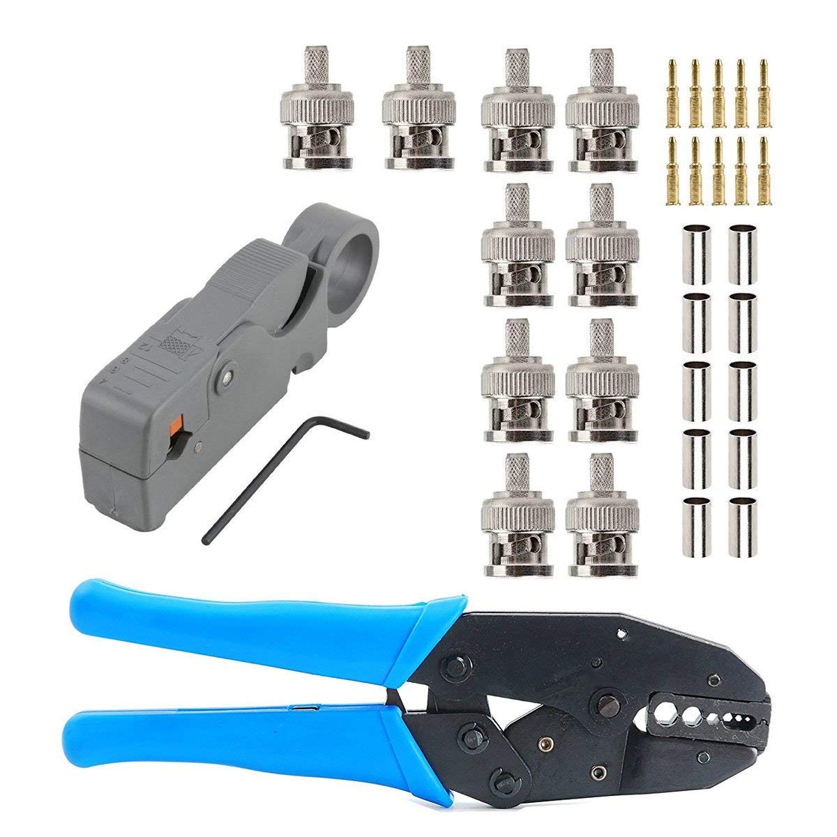 OxoxO Rotary Coaxial Cable Stripper Cutter Tool Coaxial RF Connector Crimping Tool Compatible with RG6 RG58 RG59 RG62 with 10pcs Male BNC Plug Crimp Connector Kits for RG58 RG400 LMR195 Coax Male
