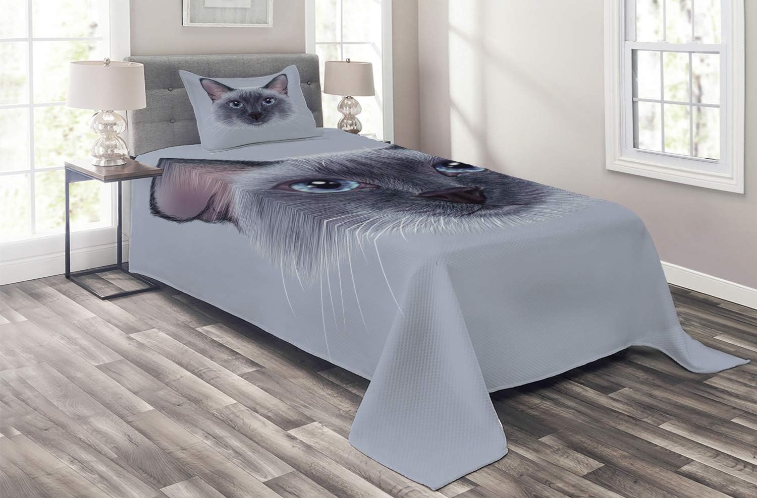 Ambesonne Animal Coverlet, Portrait Image of Thai Siamese Cat with Retro Style Lettering Artwork, 2 Piece Decorative Quilted Bedspread Set with 1 Pillow Sham, Twin Size, Blue Grey