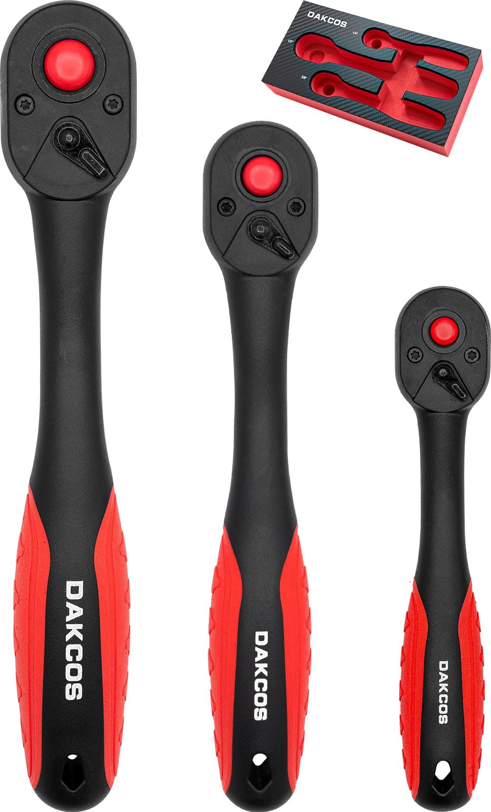 DAKCOS Socket Wrench Set 1/4" 3/8" 1/2" Drive Ratchet with Quick Release Composite Offset Handle Reversible Spanner 72 Teeth
