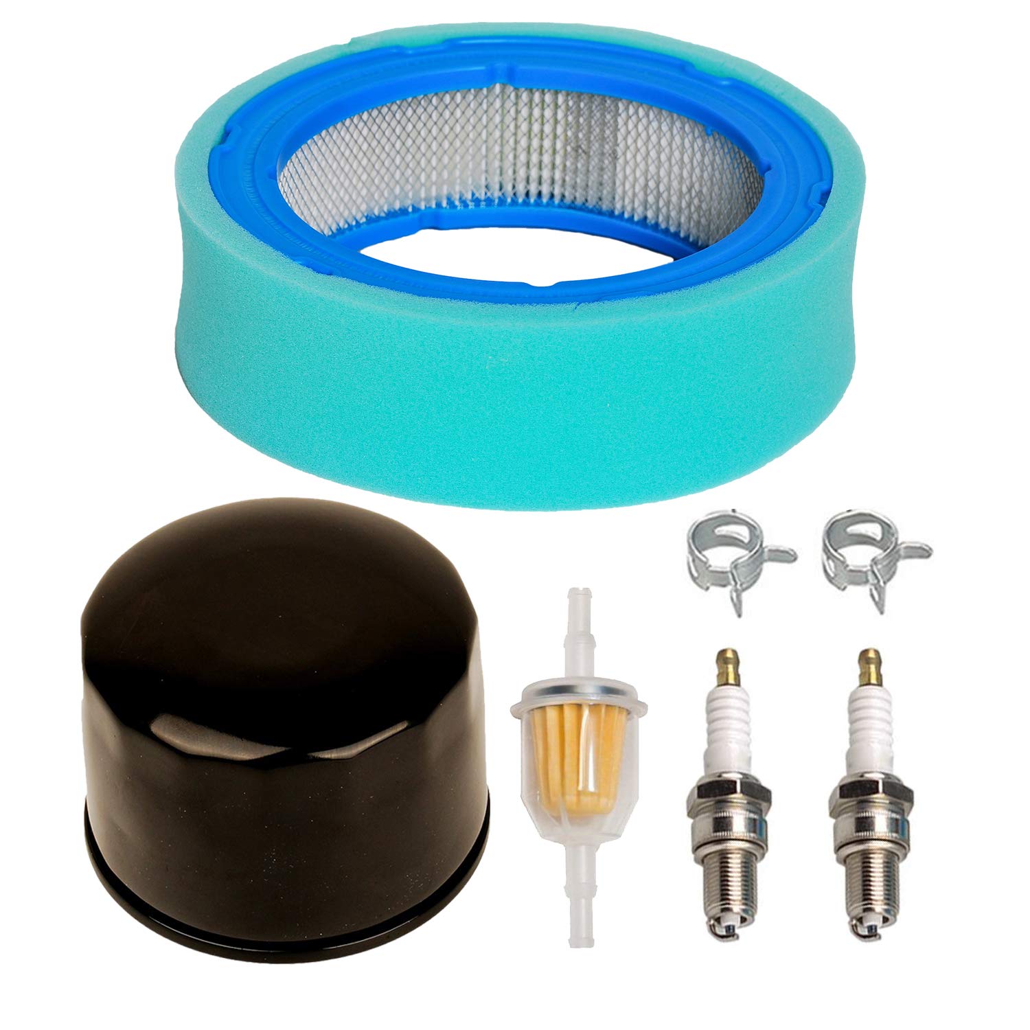 Carkio Oil Filter Air Filter Pre-Cleaner Fuel Filter Clamps Spark Plug Compatible with John Deere GT235 GT235E LTR166 LT166 LT170 LX288 SST16 SST18 Lawn Mower