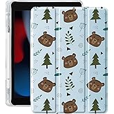 Idocolors Cute Bear Case for 10.2" iPad 9th/7th/8th Generation, Clear TPU Smart Stand Back Cover with Pencil Holder, Auto Wake/Sleep Protective Case for iPad 2021/2020/2019
