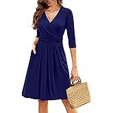 Zattcas Womens 2026 Wrap V Neck 3/4 Sleeve Cocktail Dress Pleated A Line Fit and Flare Wedding Guest Dress with Pockets