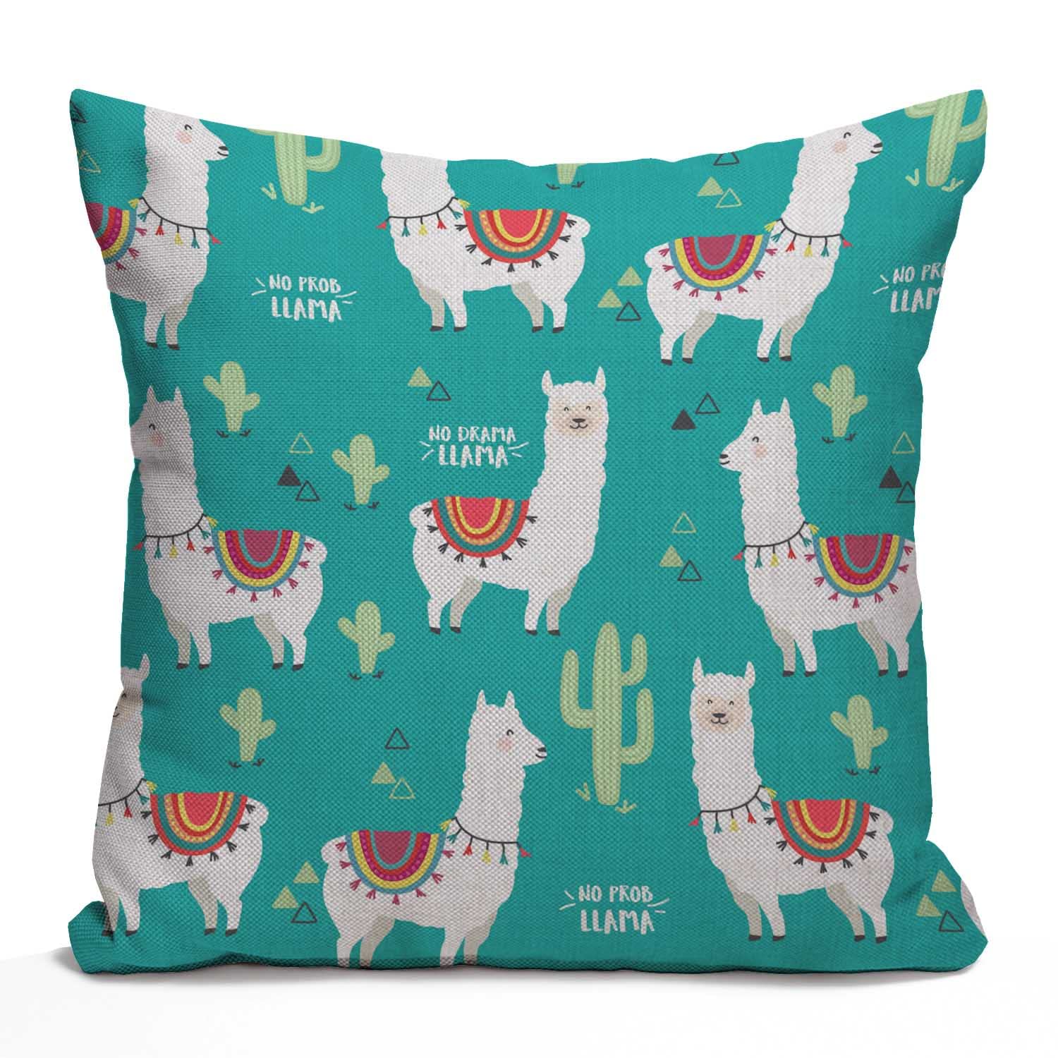Tomda Cute White Llama Cushion Case Alpaca and Cactus Farmhouse Throw Pillow Cover for Sofa Couch 45x45cm 18x18 Inch Cotton Linen