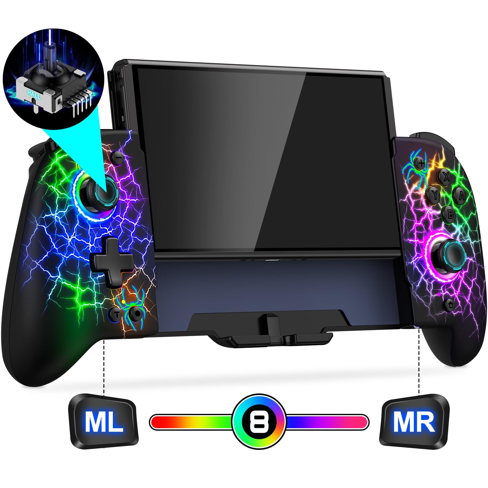 Photo 1 of Switch Controllers, Hall Effect Joystick (No Drift) Switch Joypad for Nintendo Switch/OLED, Full-Size Grip Wireless Switch Pro Controller with 9 Color Lights. Ideal for Those Who Prefer Handheld Mode