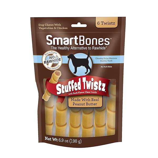 SMARTBONES STUFFED TWISTZ WITH PEANUT BUTTER, RAWHIDE-FREE CHEWS FOR DOGS STUFFED WITH PORK FLAVOR, 6 TWISTZ