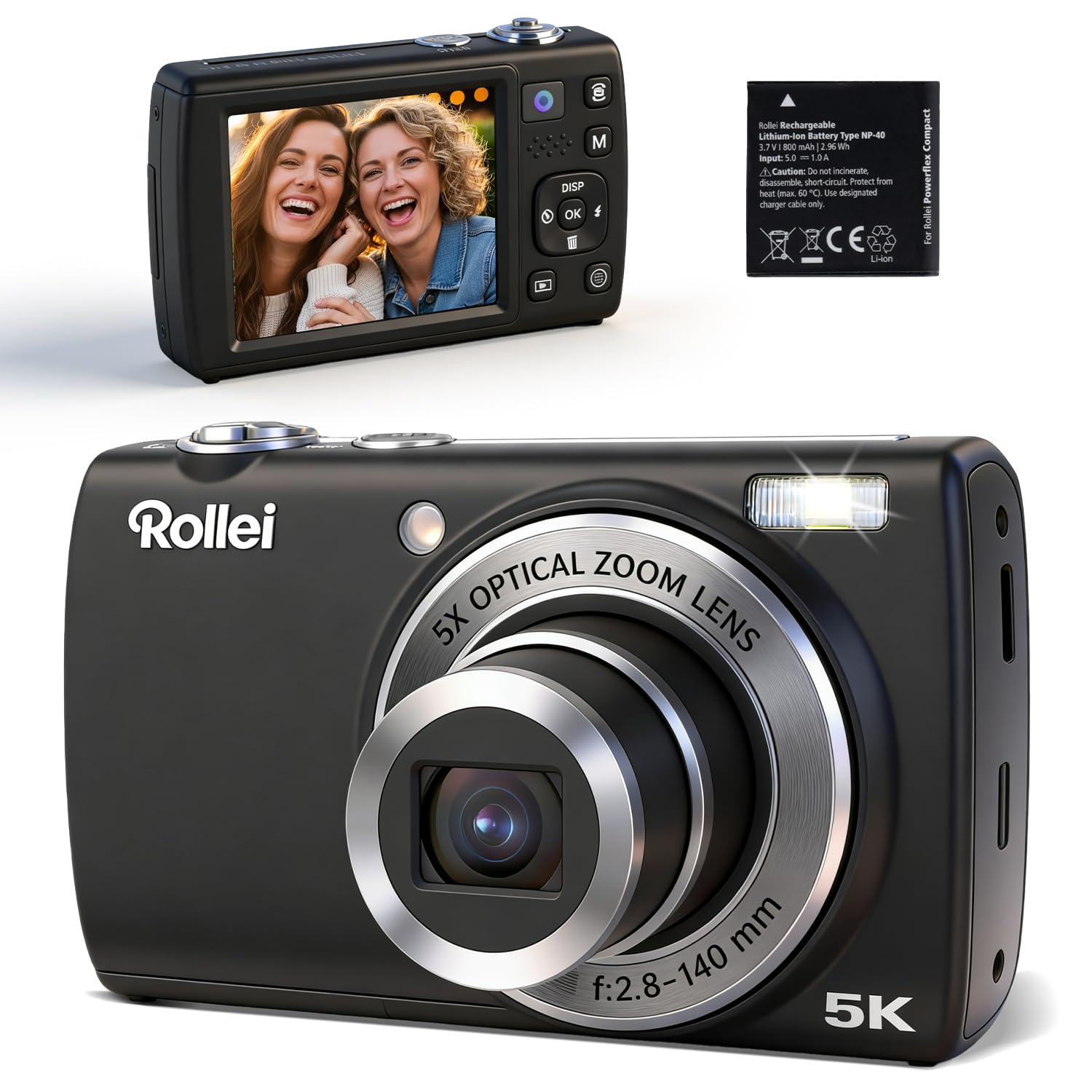 Rollei Powerflex Compact Digitalkamera 64MP 5K Fotoapparat mit Dual Lens 5X Optischer Zoom AutoFocus Fotokamera mit 2,8“ Touch-Display Tragbar Kompaktkamera Schwarz, Digital-Kamera-Fotoapparat-Camera