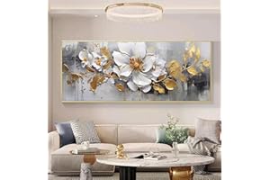 AITESI ART White Flower and Golden Leaf Wall Art for Living Room Hand Painted Floral Oil Painting on Canvas for Bedroom,Large Framed Artwork for Office Kitchen Wall Decor 24x56inch