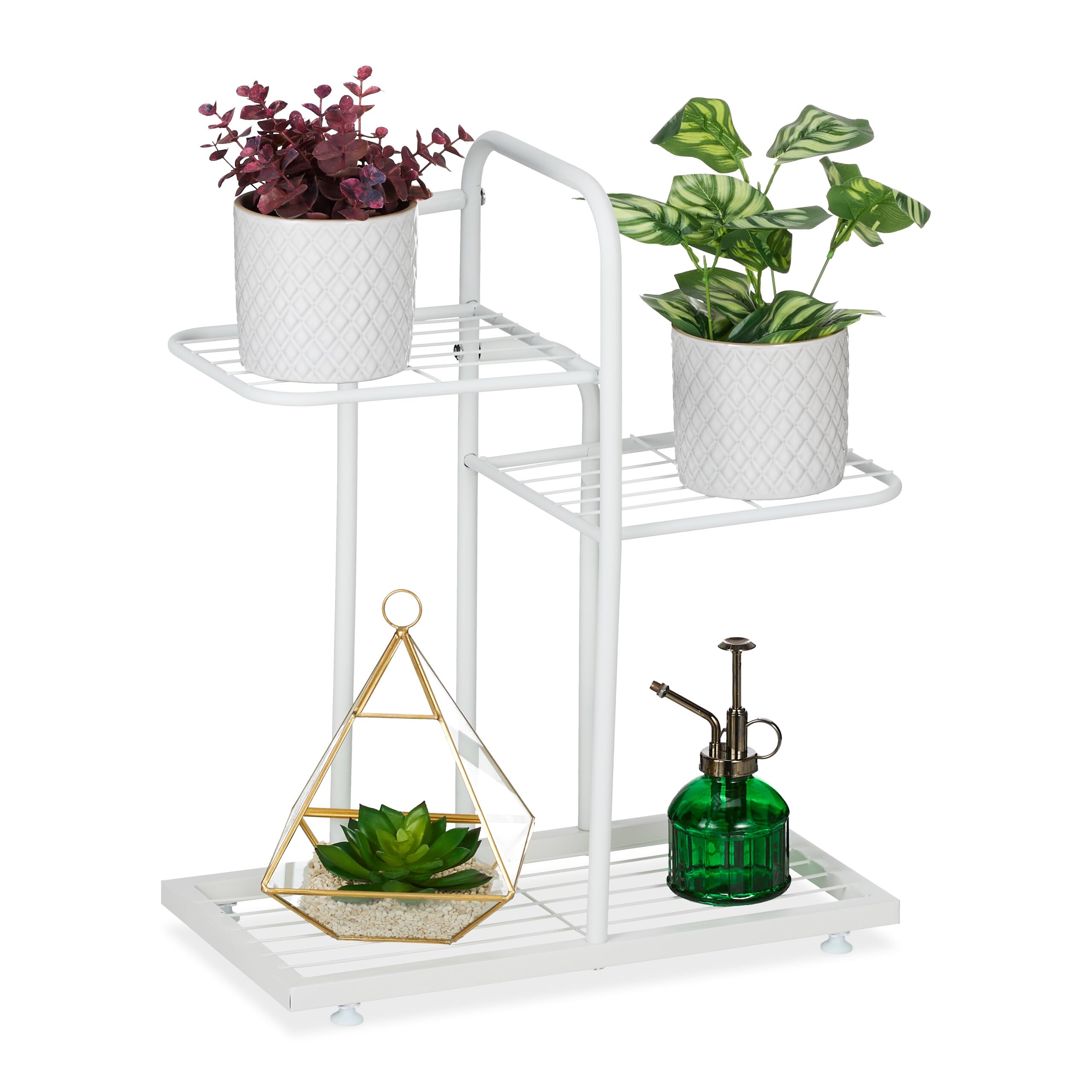 Relaxdays Plant Stand, 3 Levels, for Flower & Herb Pots, HxWxD: 50.5 x 44 x 22 cm, Steel, Indoor Decorative Rack, White