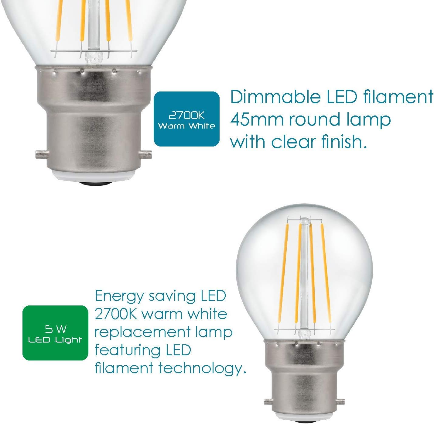 Crompton LED 5W B22 BC Dimmable Filament Golf Ball 2700K Warm - Image 4