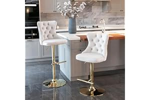 i-POOK Bar Stools Set of 2, Swivel Barstools with Nailheads Trim, Velvet Button Tufted Back and Golden Footrest, Adjustable Counter Height Bar Chairs for Kitchen Island Dining Room Pub, White