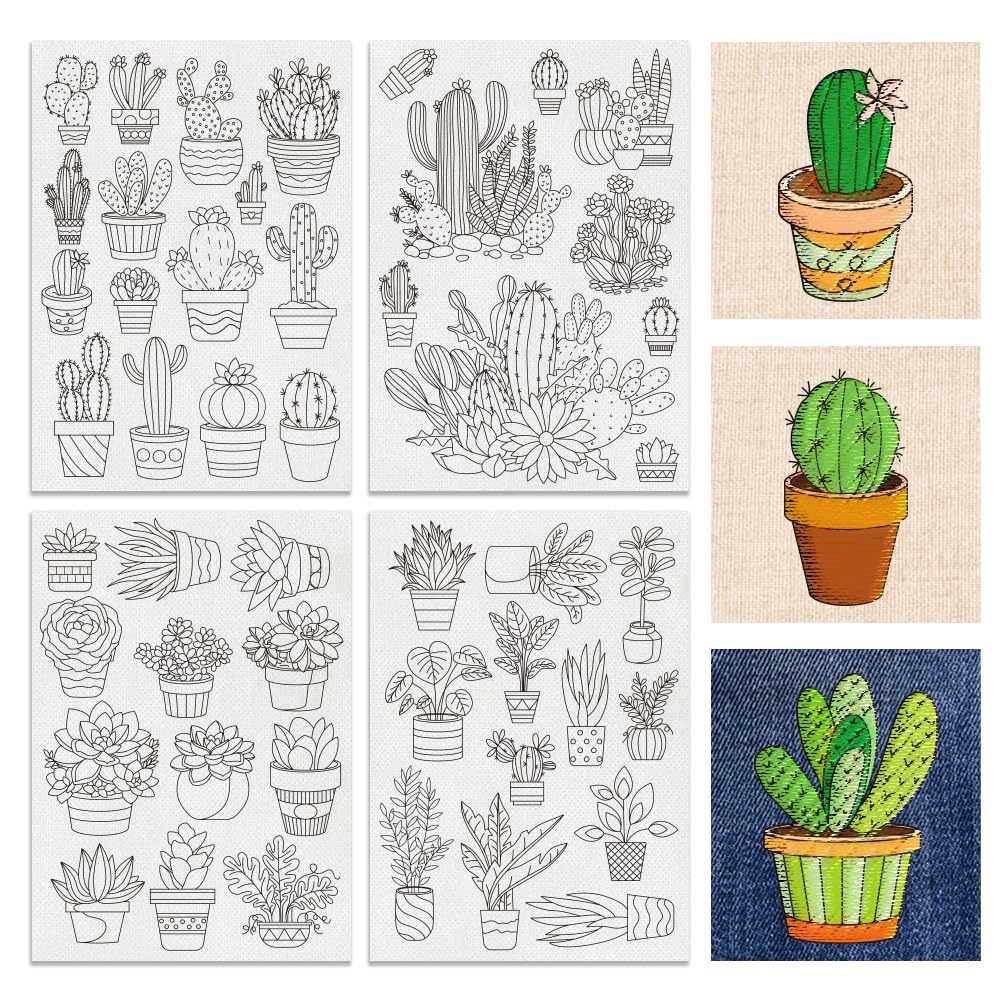 BENECREAT 4Sheets 48Pcs Potted Plants Water Soluble Embroidery, Cactus Succulents Stick and Stitch Embroidery Paper Stabilizer Water Soluble Hand Sewing for Shirts, Coats, Bags