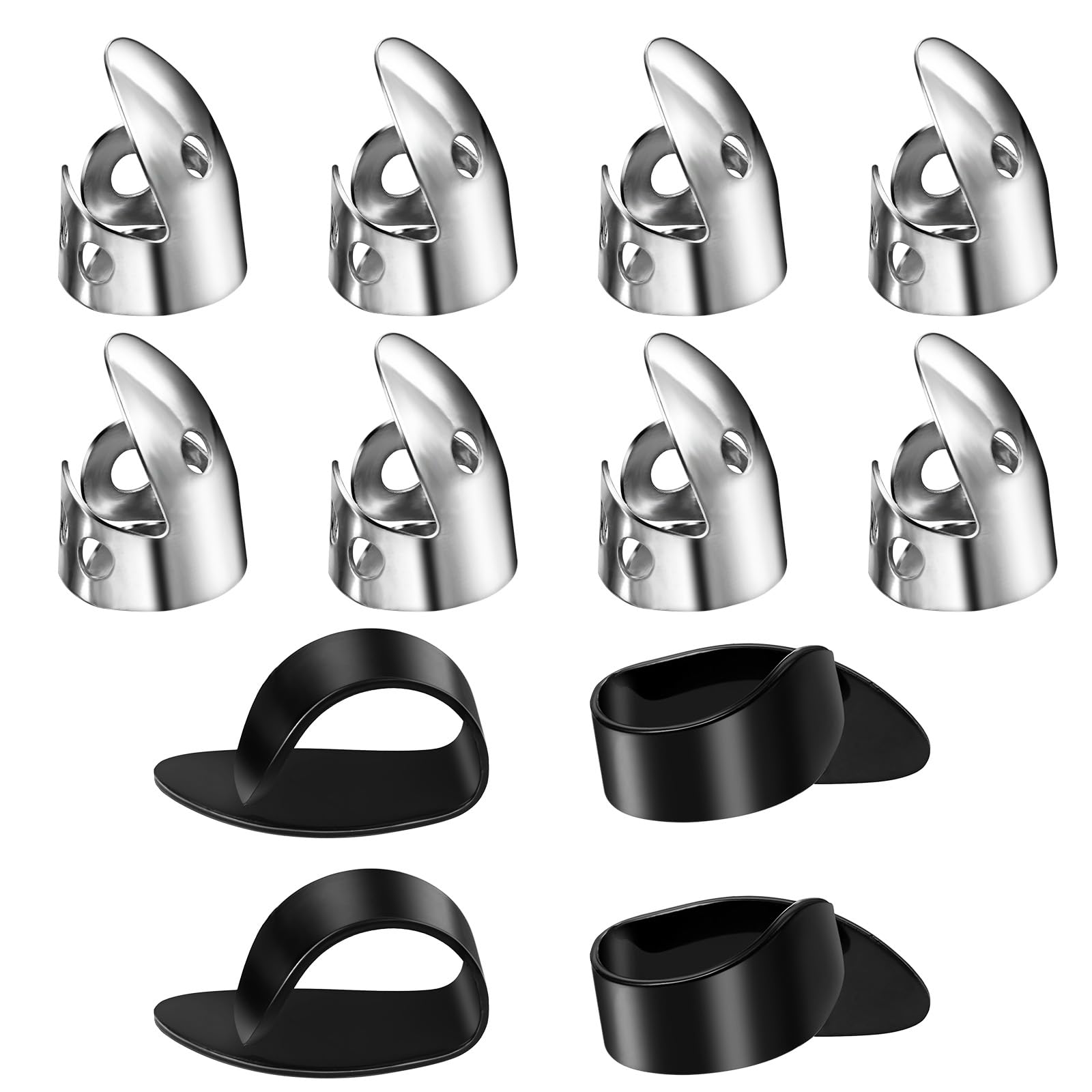 Photo 1 of 12Pcs Banjo Finger Picks Set, Adjustable Banjo Picks, Including 8Pcs Stainless Steel Thumb Pick and 4 Pcs Plastic Black Mountain Thumb Pick for Harp Bass Guitar(Silver, Black)