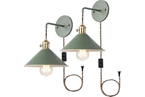 IYOEE Green Plug in Wall Sconces Set of Two,Wall lamp with Plug in Cord of 2 for Bedroom Hanging Wall Lights E26 Edison Brass lamp Holder with Frosted Paint Body Bedside lamp