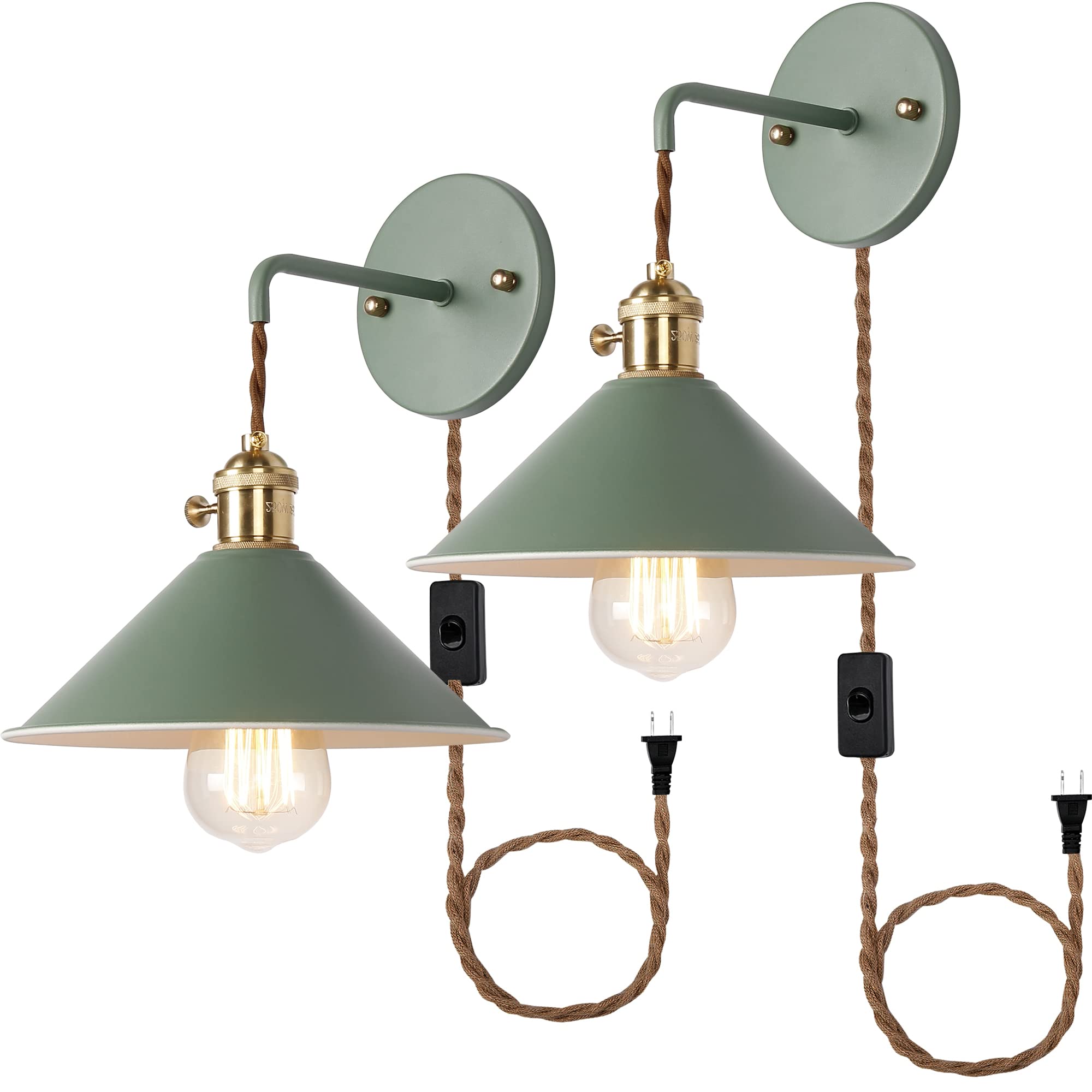 Photo 1 of Green Plug in Wall Sconces Set of Two,Wall lamp with Plug in Cord of 2 for Bedroom Hanging Wall Lights E26 Edison Brass lamp Holder with Frosted Paint Body Bedside lamp