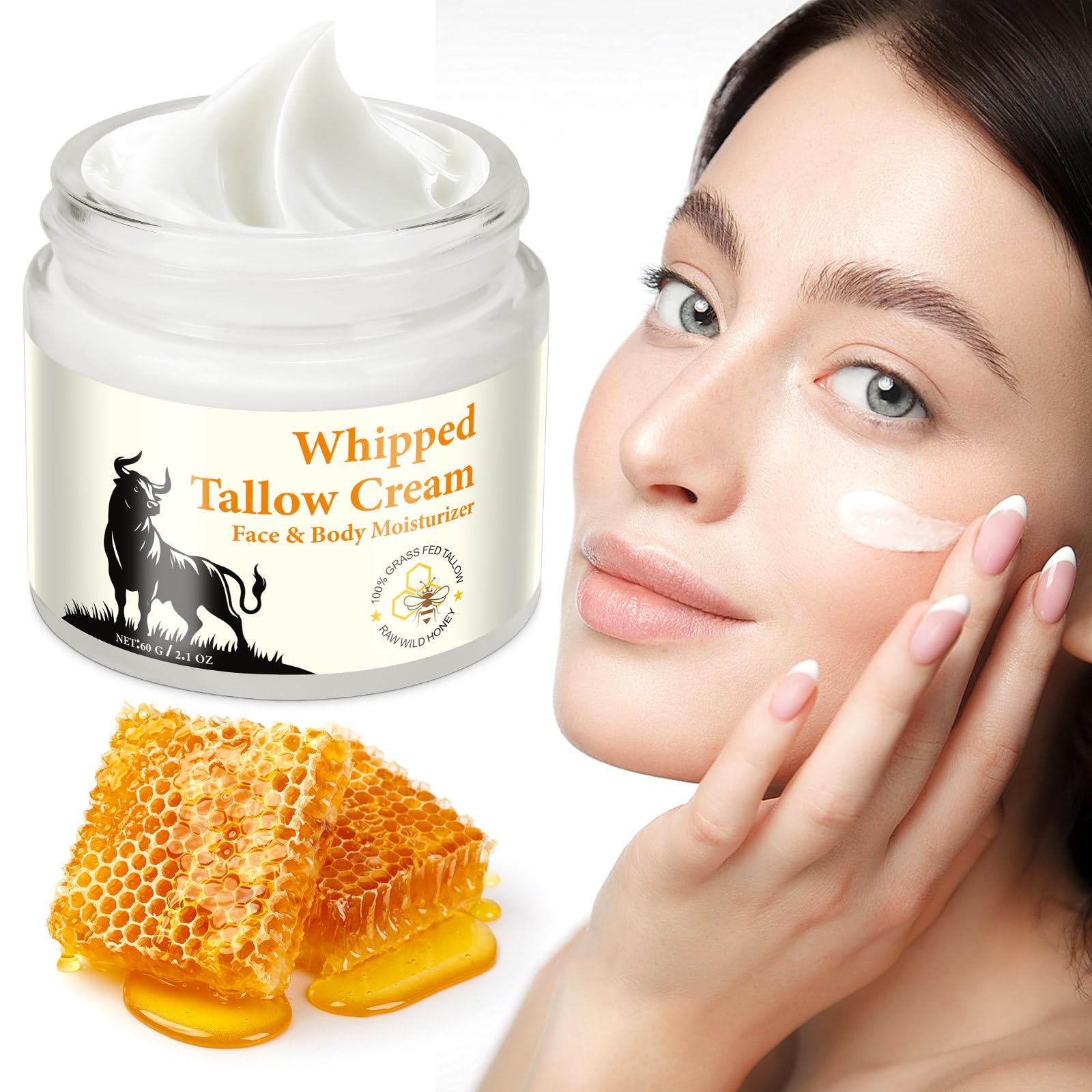 Beef Tallow for Skin, Beef Tallow and Honey Balm for Face, Natural Beef Tallow Moisturizer, Hydrating Tallow Balm with Raw Honey, Grass-Fed Whipped Beef Tallow for Skin Care (60g)