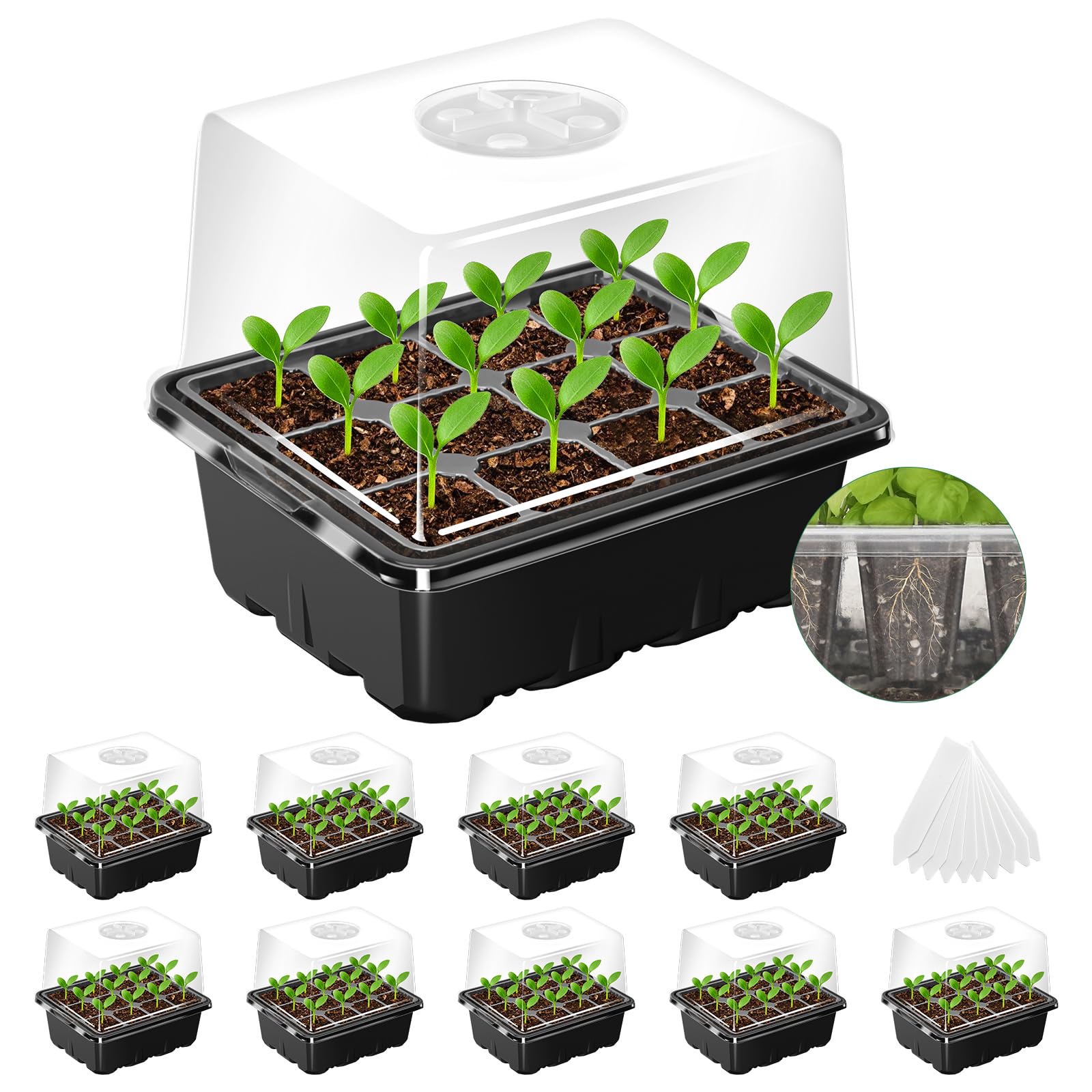MIXC Seed Starter Tray with Elevated Lid, 120 Cells Seed Starter Kit with Adjustable Humidity Dome, Drainage Hole, Clear Heightened Lids for Indoor Outdoor Greenhouse Gardens, 10 Pack, Black Image