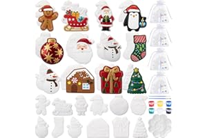 Zubebe 24 Sets Christmas Ceramics to Paint Kit Paint Your Own Ceramic Figurines DIY Xmas Santa Snowmen Gingerbread Men House Tree Refrigerator Magnets Art Unpainted Crafts Gift for Friend Family Adult