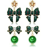 JERTOCLE Christmas Earrings for Women Christmas Bow Earrings Red Green Plaid Bows Ball Drop Dangle Earring Xmas Santa Holiday Jewelry Gifts