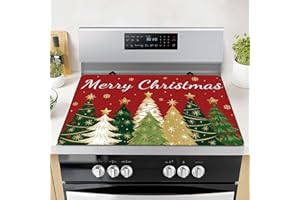 SEIMIP Christmas Trees Stove Cover, Merry Christmas Stove Top Cover for Gas Stove Xmas Red Winter Kitchen Decor Glass Stove Top Pad Heat Resistant Electric Stove Protector Washable Cooktop Oven Mat