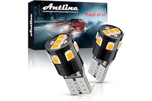 Antline 194 168 2825 W5W T10 194NA LED Bulbs Amber Yellow, Ultra Bright Error Free 9-SMD 2835 Chipsets Replacement for Car Interior Dome Map Door Courtesy License Plate Lights (Pack of 10)