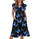 Biyejit Womens Summer Dress Ruffle Sleeve V Neck Tiered Midi Dress Casual Flowy Beach Vacation Sundress with Pockets S-2XL