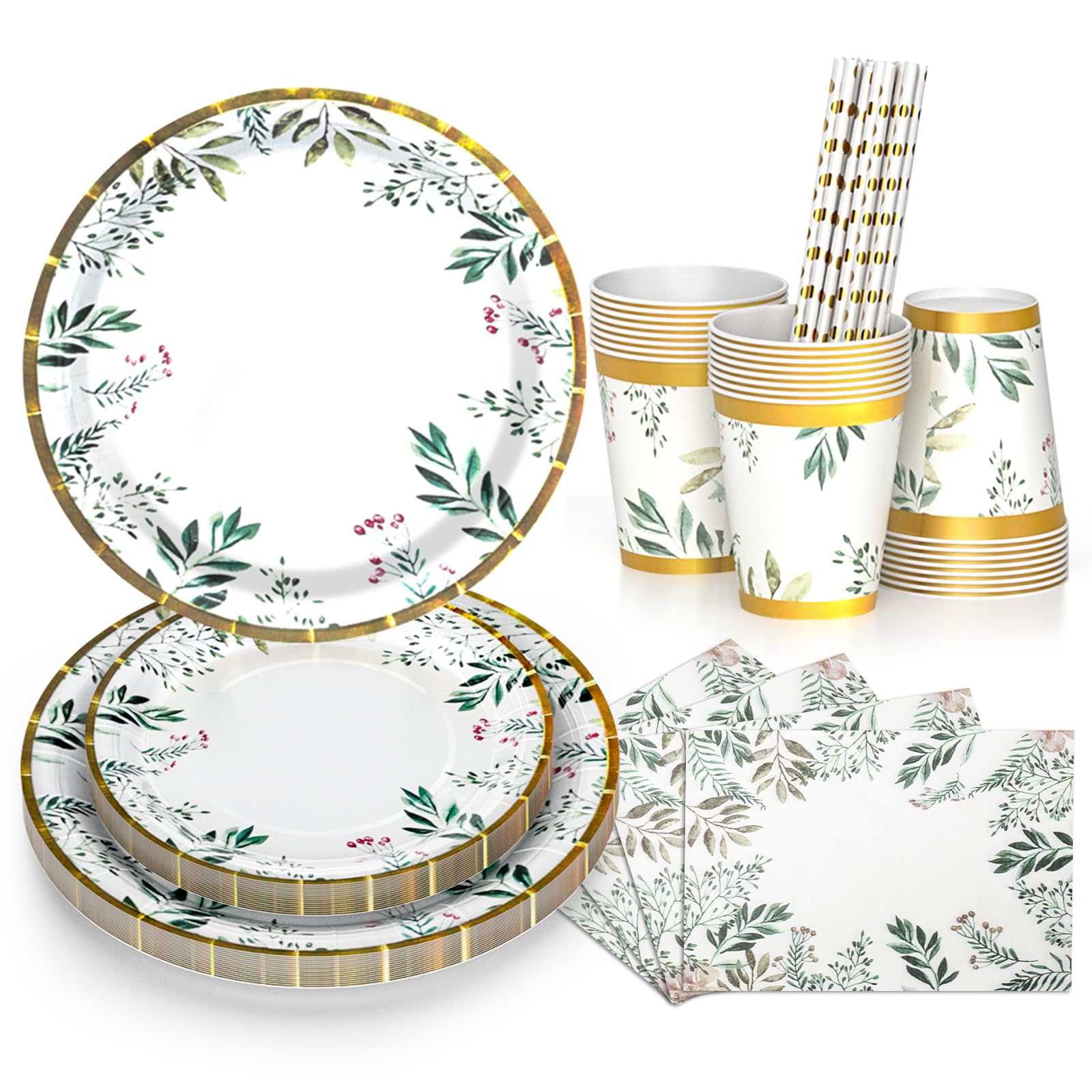DN DENNOV Sage Green Tableware Set, 80PCS Includes 9'' Dinner Plates, 7'' Side Plates, Cups, Straws & Napkins, Serves 16 People