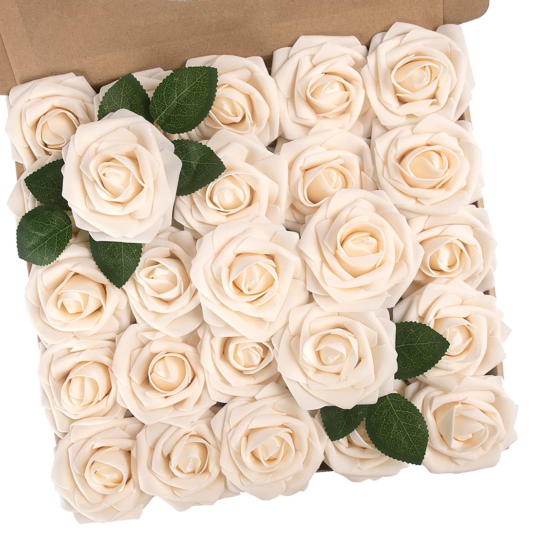 N&T NIETING Artificial Flowers Roses, 25pcs Real Touch Foam Roses, Fake Flowers Rose for DIY Wedding Bridal Bouquets Baby Shower Table Centerpieces Home Decorations, Cream