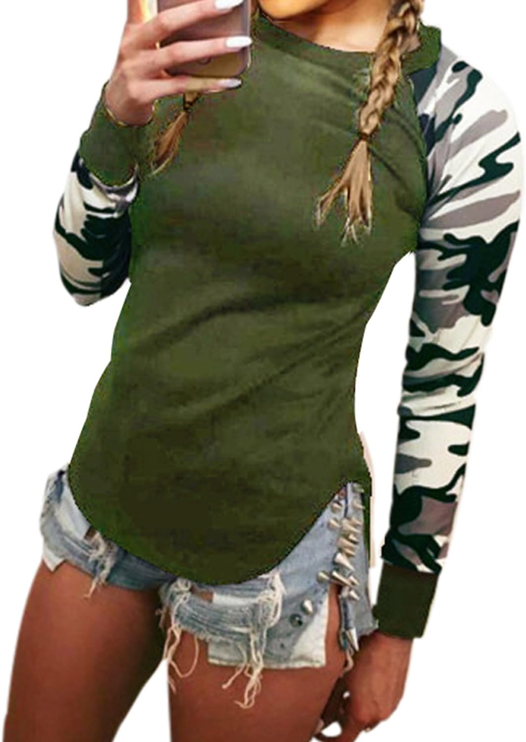 Moon Angle Womens Long Sleeve T-Shirts Casual Camouflage Printed O-Neck Tops Plus Size