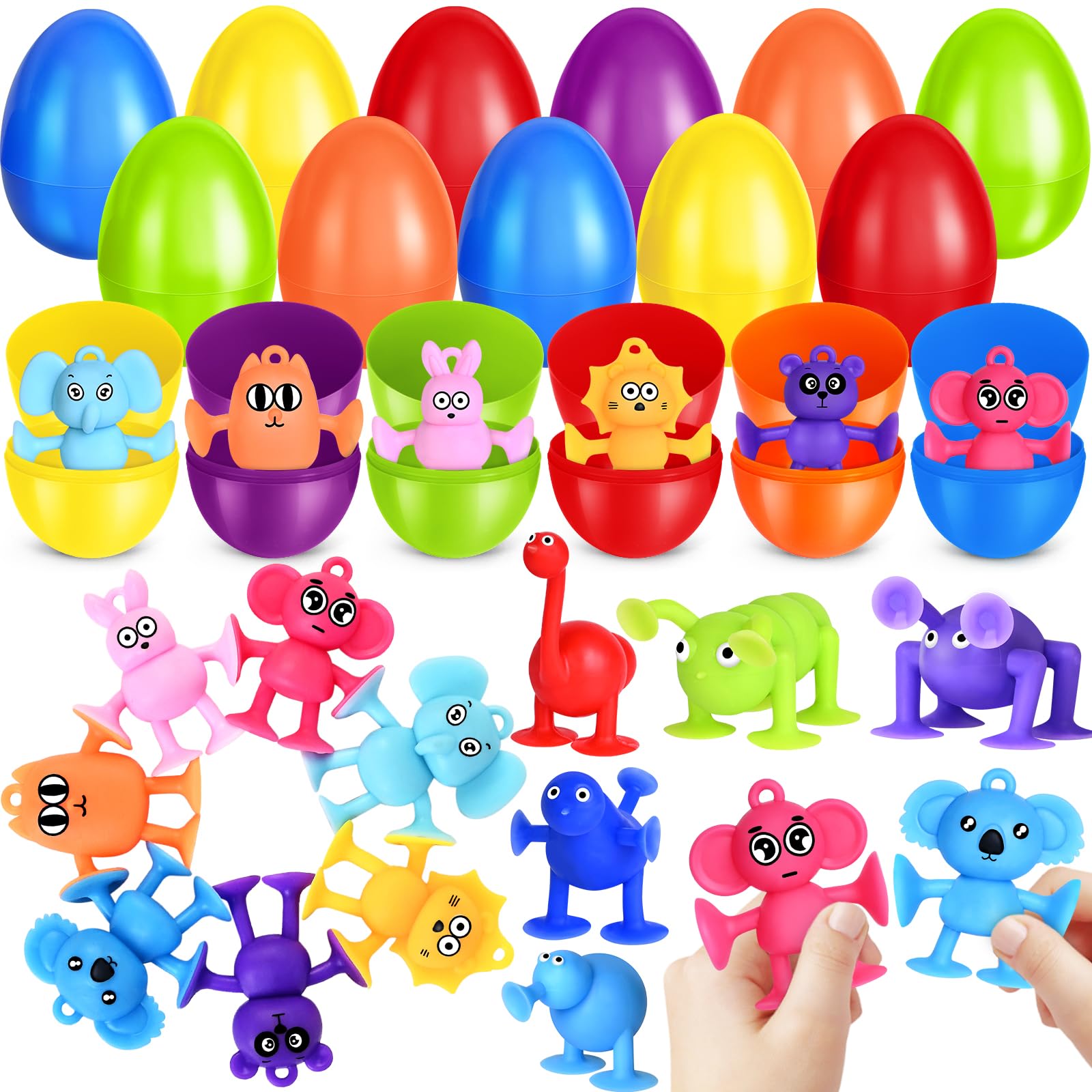 24 Pack Prefilled Easter Eggs with Animals Suction Cup Toys, Easter Basket Stuffers Fillers Window Bath Toys Easter Hunt Party Favors, Surprise Egg Gifts for Kids Toddler